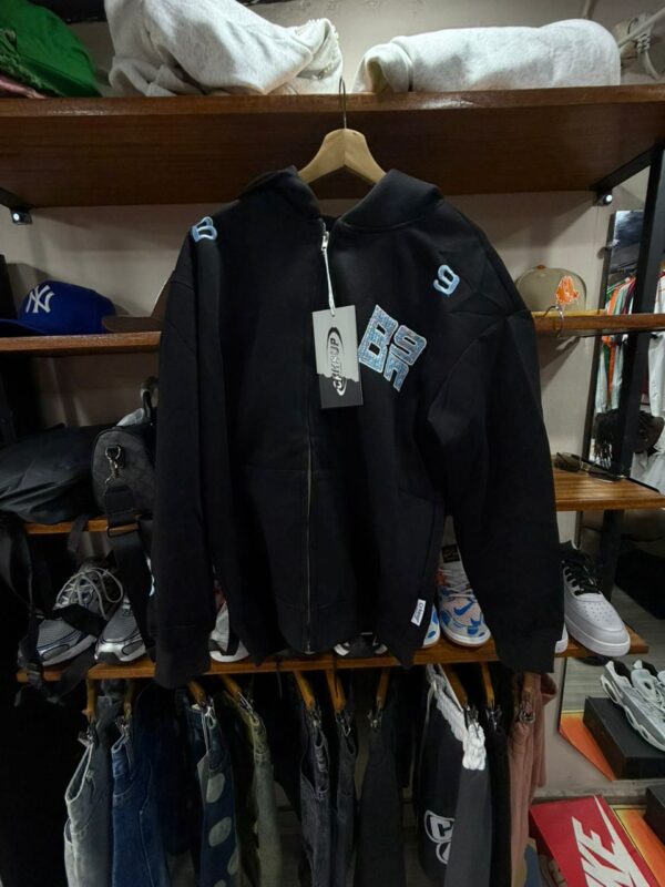 Hoodie Zippé "BR 9" – Noir & Tweed Bleu